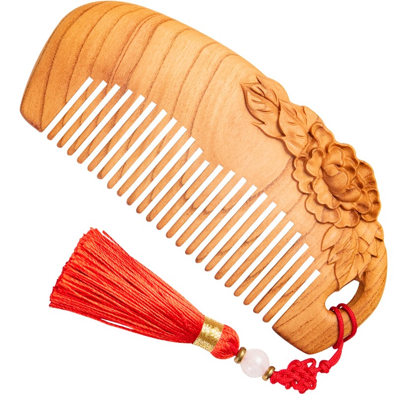 郎府桃木梳子雕刻雕牡丹花带流苏礼品梳家用梳刘海造型梳顺发细齿