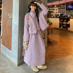 大码女装2024冬季胖mm设计感百搭棉服外套送围脖+半身裙休闲套装
