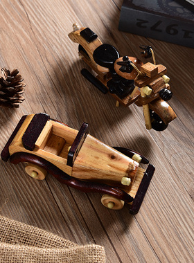 复古老爷车模型摆件家居实木飞机玄关小摆设客厅酒柜办公室装饰品