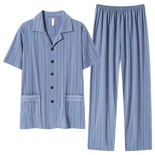 新款 夏季 短袖 长裤 可外穿老人 男士 中年爸爸家居服套装 纯棉睡衣男款