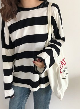 早秋条纹t恤女cec超火长袖宽松泫雅上衣潮2021春秋少女新款打底衫