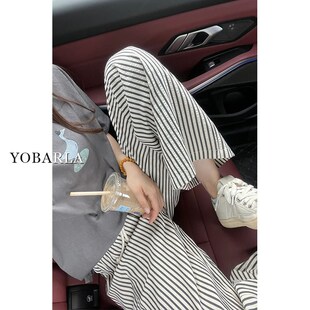 胖mm宽松显瘦梨形身材阔腿裤 黑白条纹直筒休闲裤 大码 薄款 子 女夏季