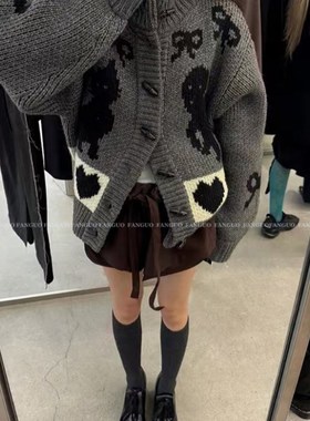 韩国ope*yy!正确版羊毛混纺猫咪狗狗俱乐部蝴蝶结提花毛衣外套女