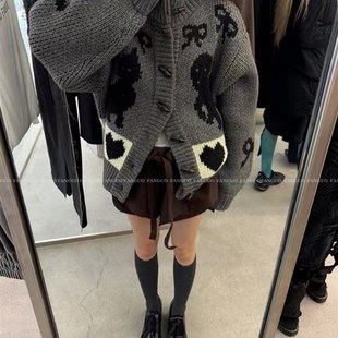 羊毛混纺猫咪狗狗俱乐部蝴蝶结提花毛衣外套女 正确版 韩国ope