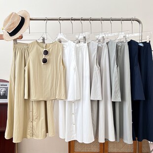 高腰显瘦单排扣中长款 背心上衣 半身裙两件套女 气质圆领无袖 时尚