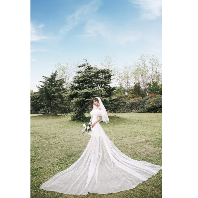 【白小仙】旅拍轻婚纱2021新款夏季吊带短款一字肩两穿可拆卸拖尾