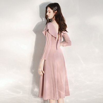 小个子晚礼服女宴会气质伴娘平时可穿轻奢小众高端粉色订婚连衣裙