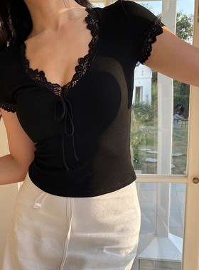 ooh itch痒痒 法式蕾丝v领短袖t恤女白色修身性感绑带紧身上衣