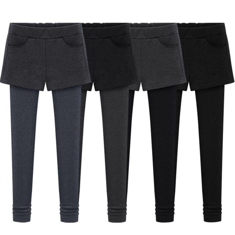 秋冬加绒打底裤女黑色小脚外穿高腰假两件短裤加厚一体大码女裤子