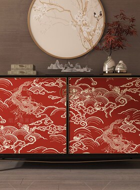 新中式复古红色龙纹装饰柜子贴画翻新家具贴纸客厅布置自粘壁纸
