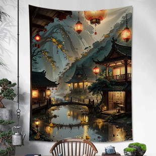 饰布墙壁画布布置 背景布挂布小众高级墙布房间茶室装 古风中式 竖版