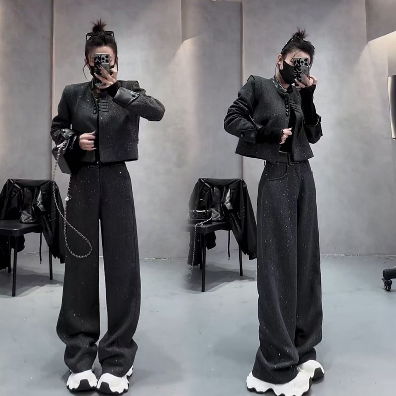 2025春秋冬新款唐装中式国潮风时尚套装女呢外套加棉阔腿裤两件套