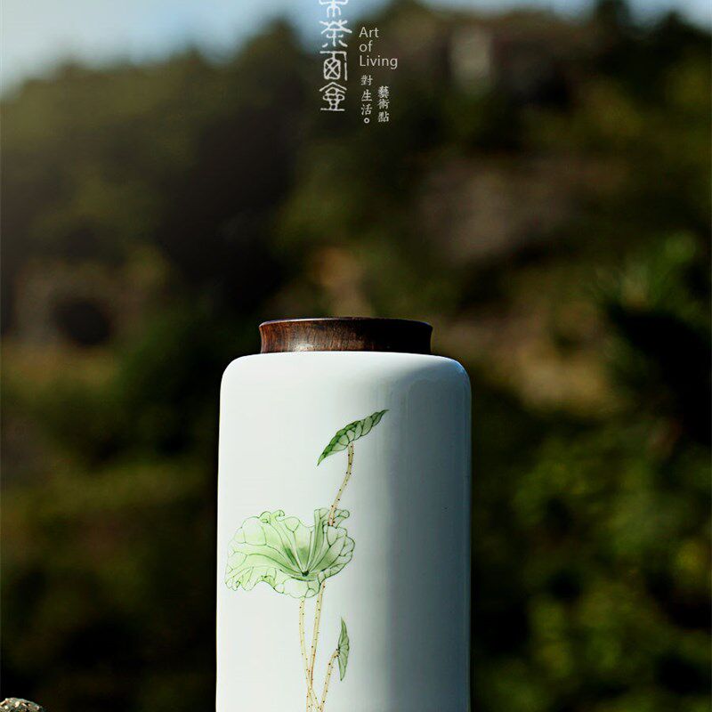 东茶西壶陶瓷茶叶罐密封罐家用防潮储黑檀木盖子茶罐手绘茶仓大号