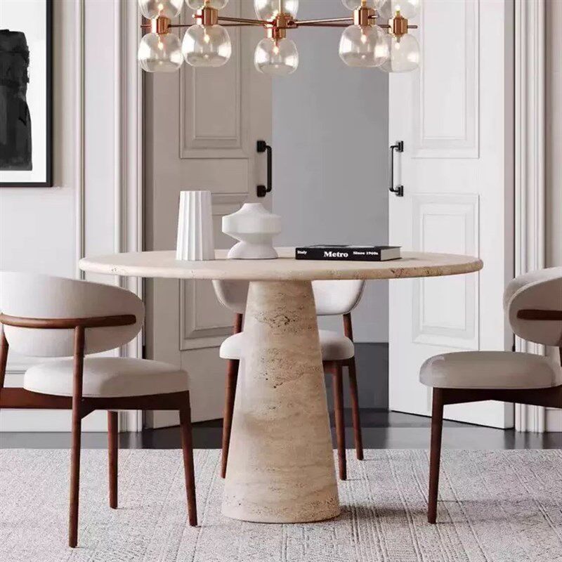 侘寂风洞石圆形餐桌别墅豪宅大户型客厅家用奶油风天然大理石饭桌