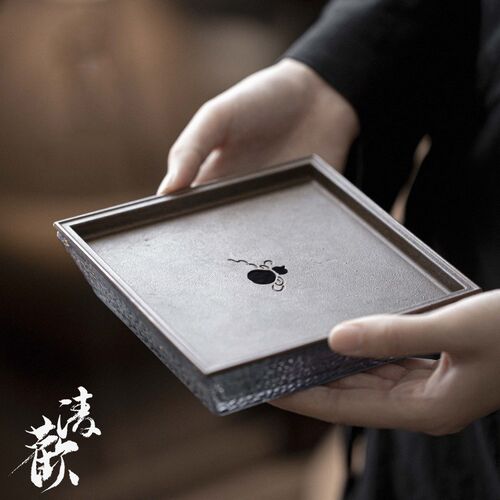 清欢丨葫芦黄铜四方壶承 玻璃高足干泡盘蓄水茶承 复古做旧茶盘