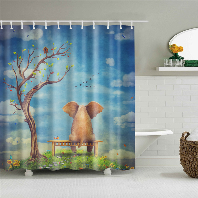 弧形卫生间隔断帘子浴室洗澡防水布孤独背影大象防霉涤纶直角浴帘