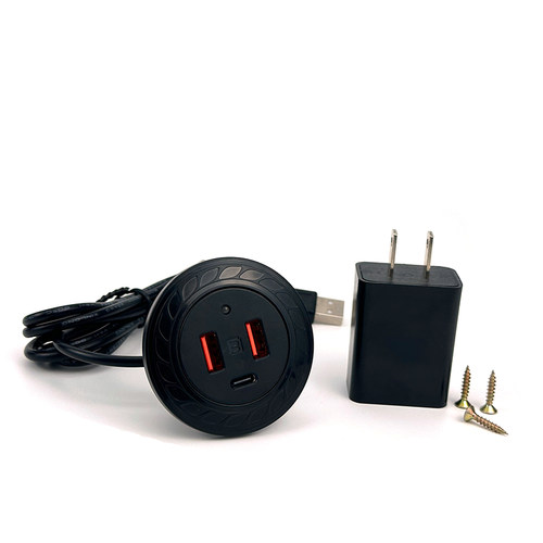 嵌入式USB插座带C口沙发茶几桌面床头圆形隐藏家具充电桌洞插孔排