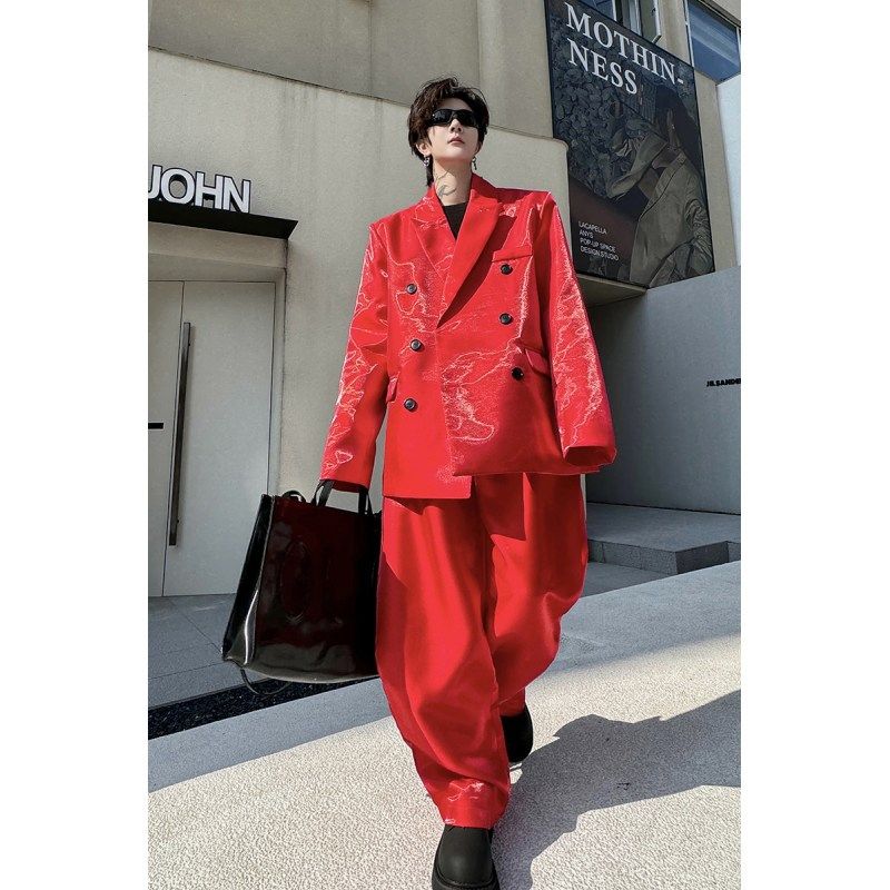 韩国东大门小众白色西服套装男高级感垫肩缎面阔腿长裤两件套时尚