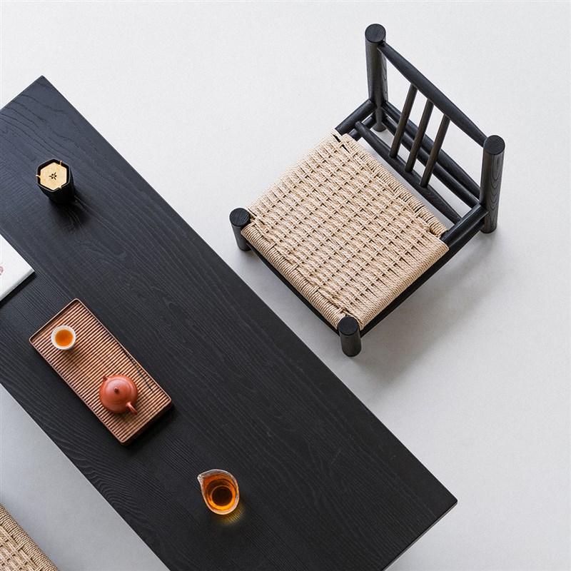 叁几 侘寂风家用阳台小椅子实木矮凳子榆木榻榻米绳编飘窗椅靠背