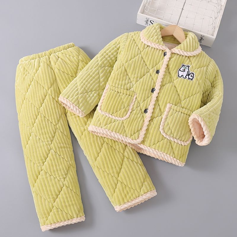 冬季加厚法兰绒儿童睡衣加绒家居服男童套装夹棉女童宝宝三层超厚