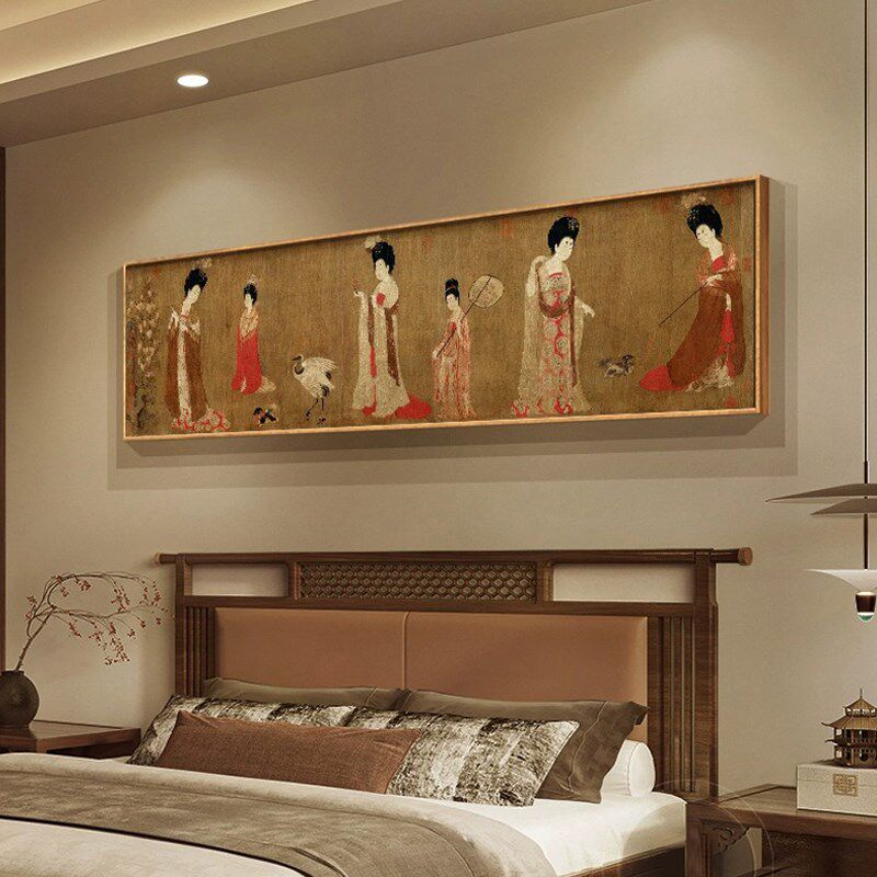 簪花仕女图唐代横幅仿古国画新中式茶室挂画客厅卧室背景墙装饰画