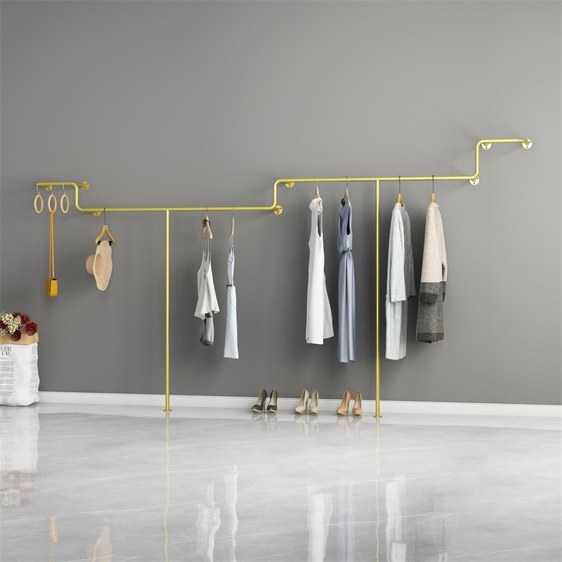 服装店展示架上墙挂衣架女装壁挂式衣服挂架童装靠墙金色侧挂货架