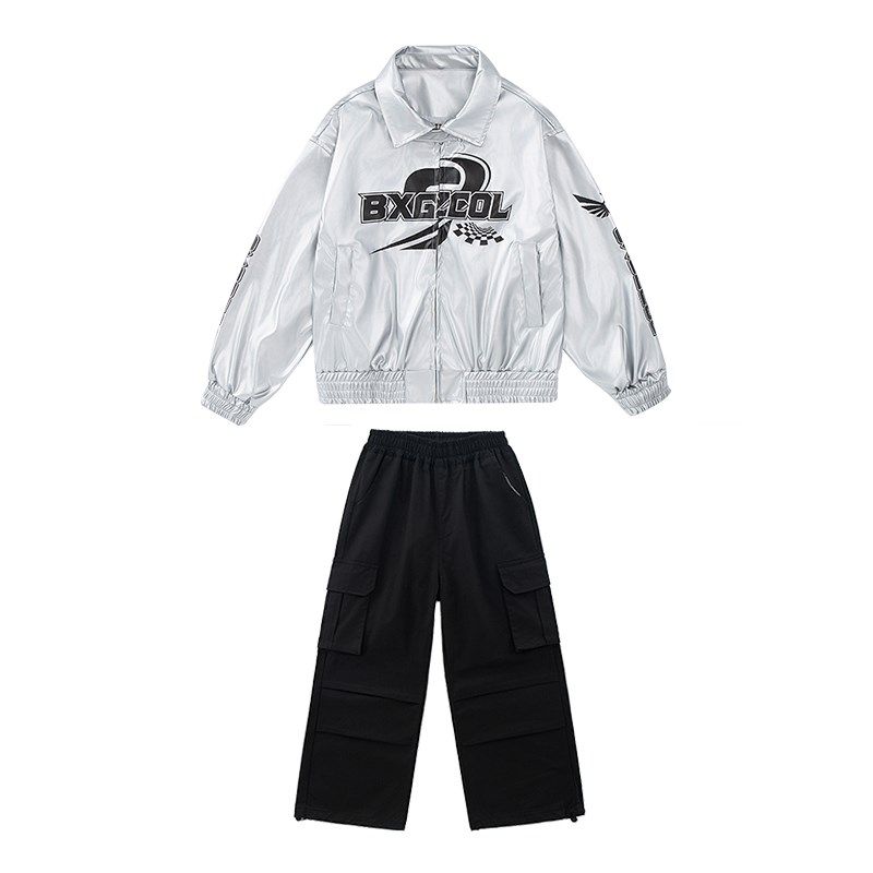 少儿街舞元旦演出服男女童hiphop嘻哈爵士银色皮衣外套亮面架子鼓