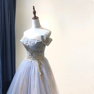 高端大气质奢华晚礼服长款蓬蓬裙大摆2021新款高贵露肩礼服一字肩