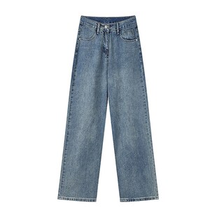 蓝色直筒牛仔裤女春秋新款大码胖mm高腰宽松显瘦梨型身材阔腿裤子