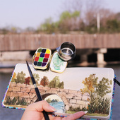 迷你随身水彩颜料套装 便携盒写生旅行固体史明克24色手账本亿摩多