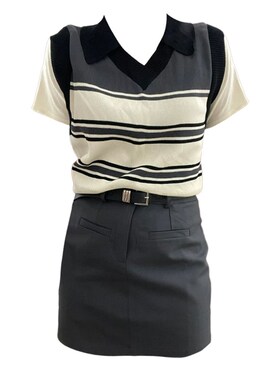 大码胖mm法式小众假两件针织上衣学院风女夏季新款灰色半身裙套装