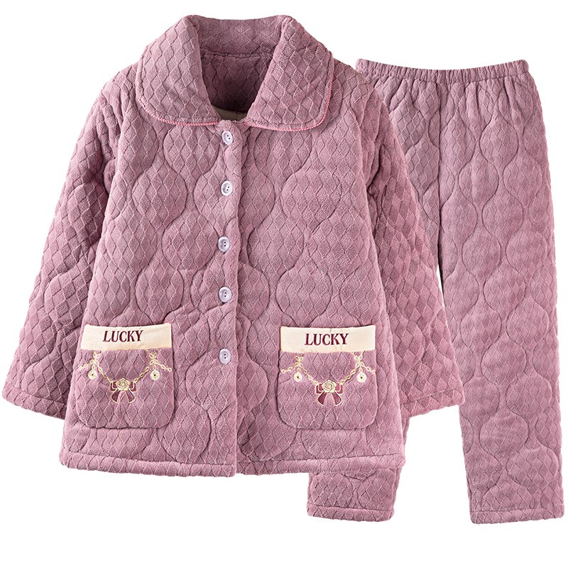 冬季加绒加厚情侣睡衣冬天爸爸妈妈男女士中老年人老人珊瑚绒夹棉