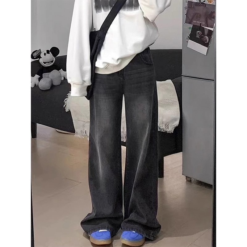 黑灰色直筒牛仔裤女秋季新款胖妹妹mm梨形身材高腰宽松显瘦阔腿裤