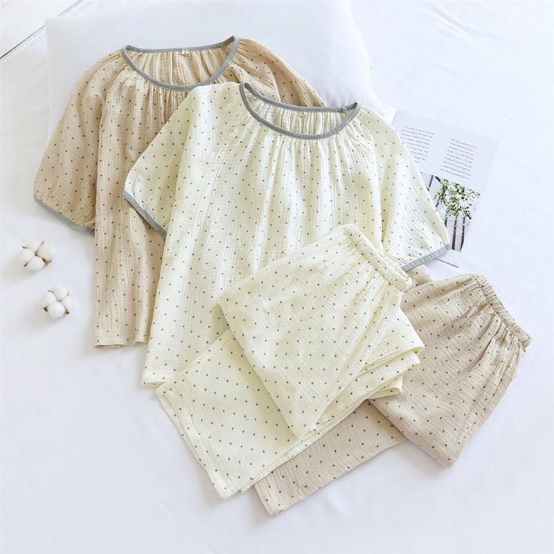 学生薄款纯棉泡泡棉纱圆领套头波点宽松短袖长裤家居服睡衣套装女