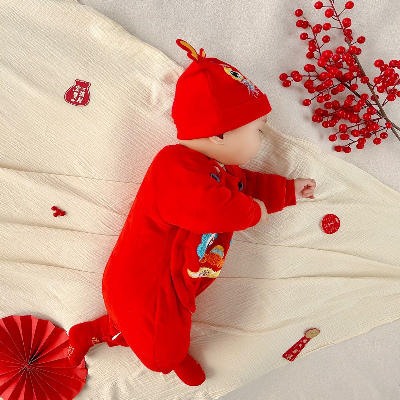 新生儿百岁宴连体衣冬季龙年宝宝满月衣服周岁礼服男喜庆衣服唐装