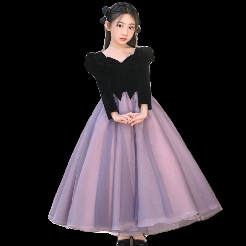 女童礼服冬季高端花童小女孩公主裙儿童主持人钢琴演出服加绒加厚