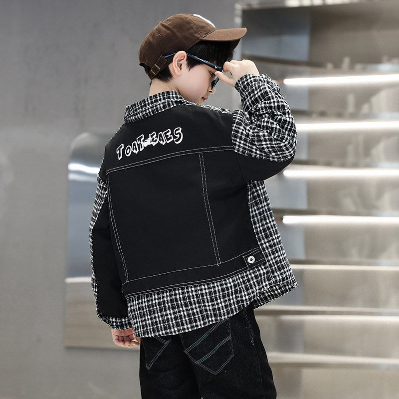 男童夹棉外套2023新款秋冬季格子加厚牛仔儿童秋装大童翻领衣服