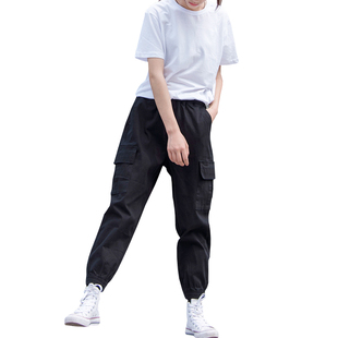 黑色裤子女夏季薄款大码工装裤女胖mm小个子束脚休闲春秋哈伦显瘦