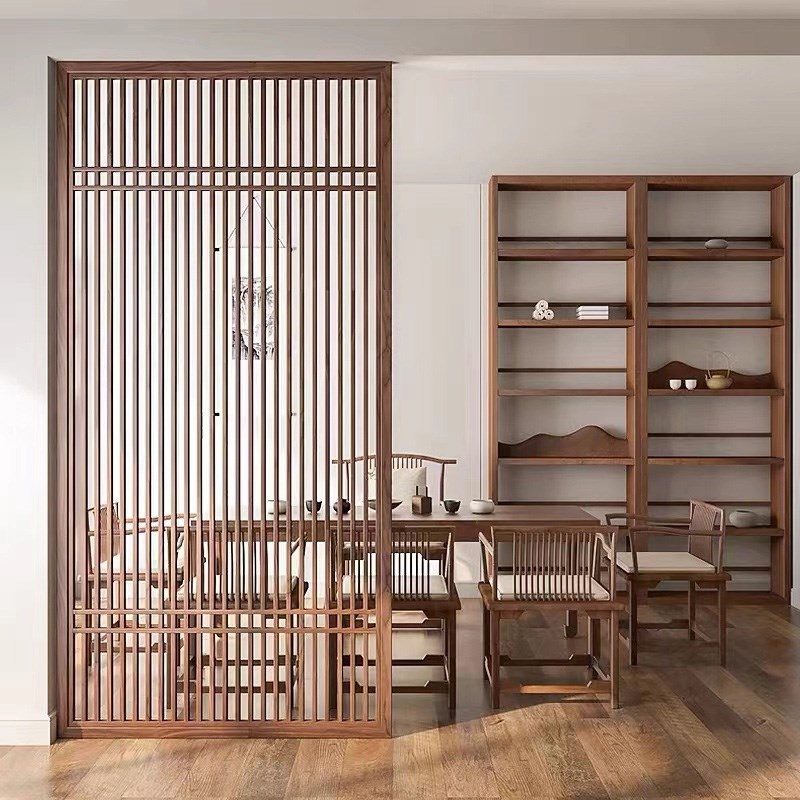 新中式实木屏风隔断定制仿古门窗客厅玄关入户背景墙镂空栅栏花格