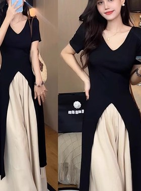 梨形身材黑色v领连衣裙子女夏季2024新款法式气质绝美超好看长裙