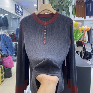 针织衫 撞色圆领长袖 200斤 女冬洋气内搭打底毛衣半开领上衣