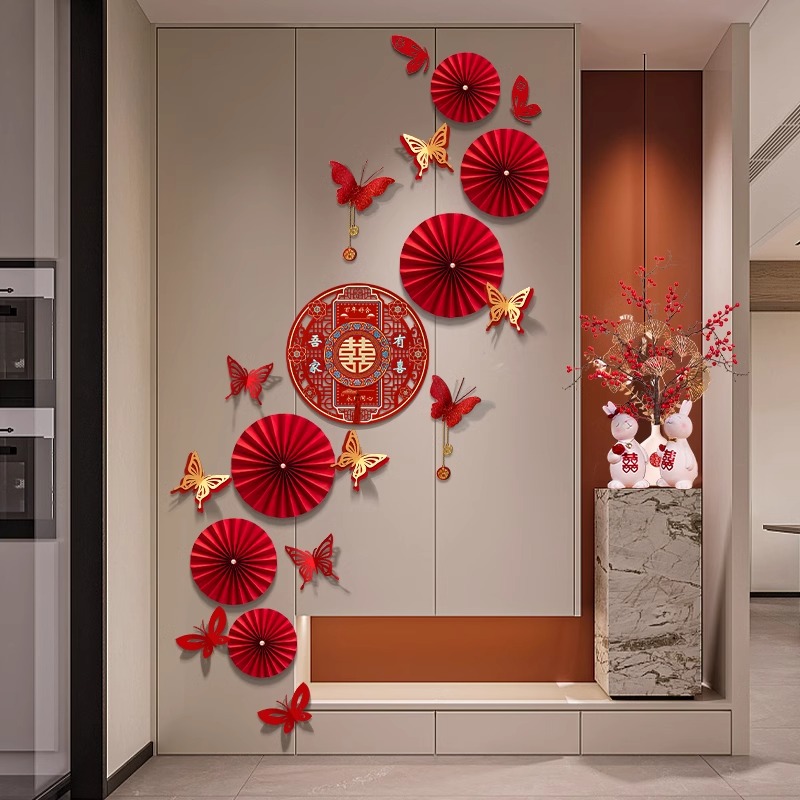 结婚背景墙婚房布置装饰新房客厅玄关楼梯墙男方房间高级感拉花