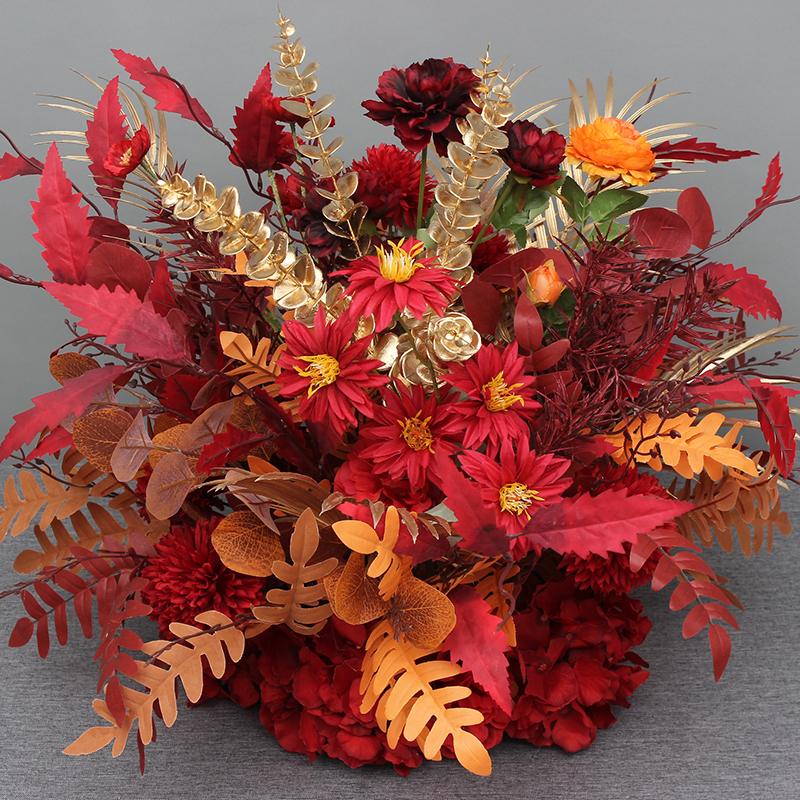 红金系花排婚庆花艺婚礼布置排花路引花点花背景舞台迎宾区装饰花