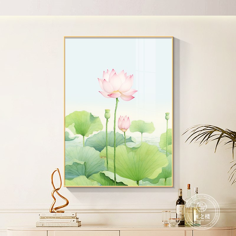 和气生财现代简约客厅装饰画晶瓷写实桌面摆画高级感荷花玄关挂画