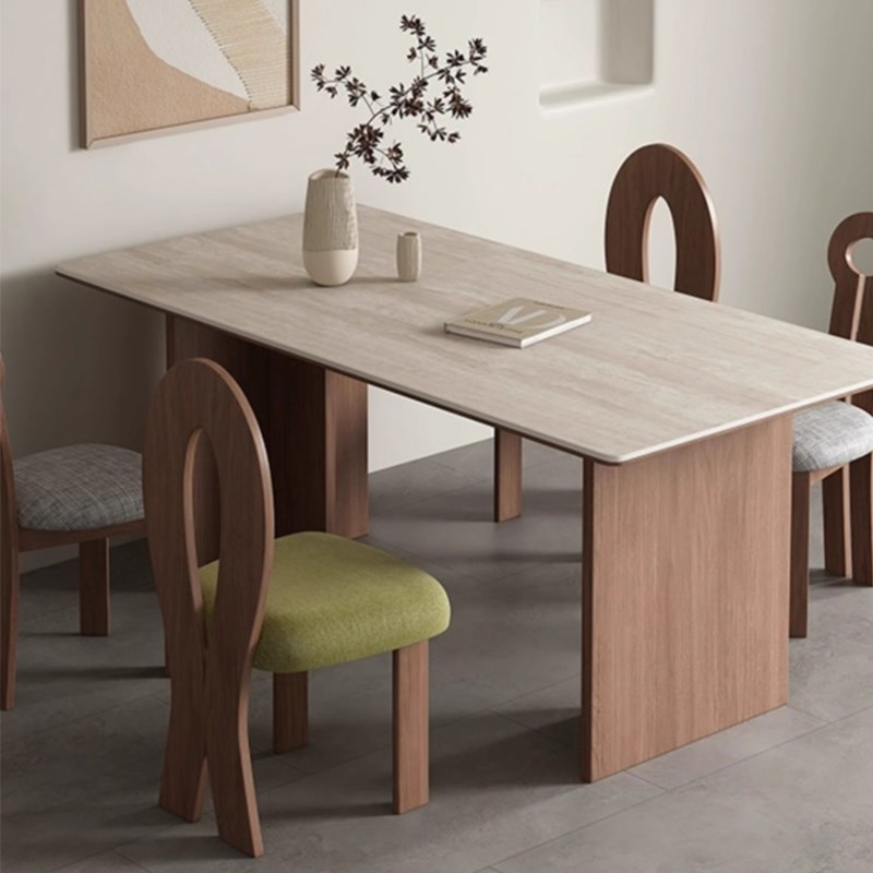 法式复古洞石岩板餐桌家用客厅小户型设计师长方形餐桌椅