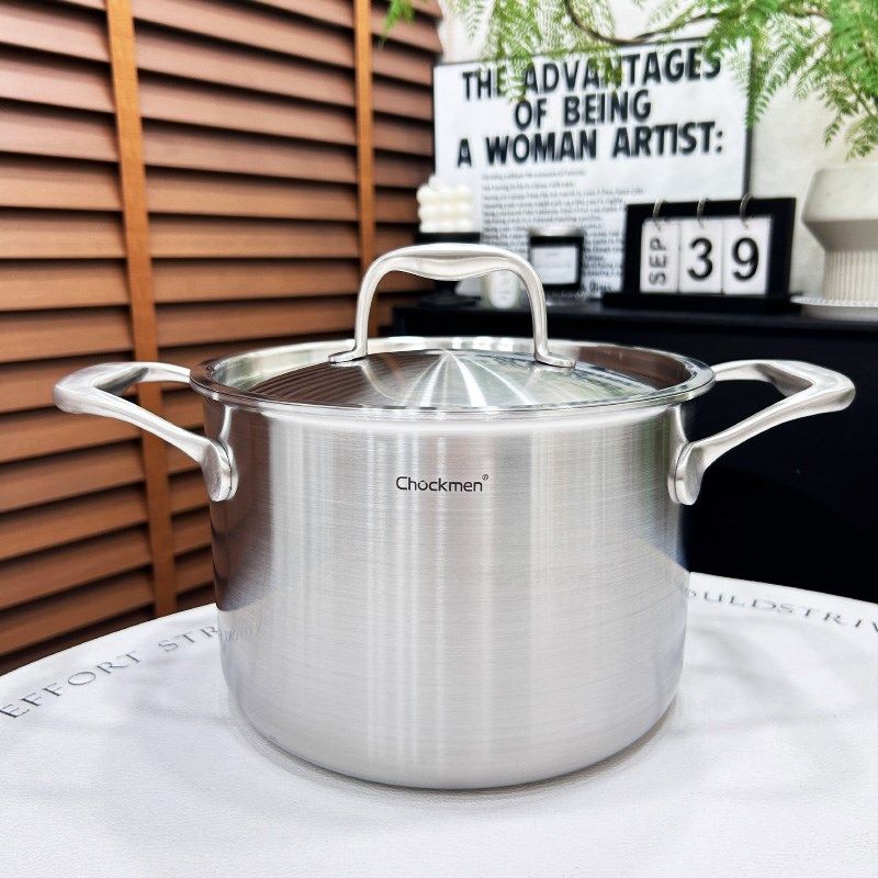304不锈钢双耳汤锅家用加厚深炖锅蒸锅燃气电磁炉通用20cm