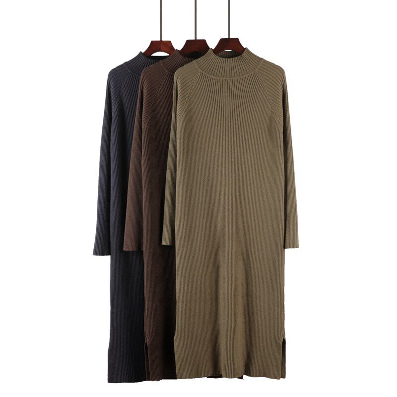 秋冬韩版半高领加厚连衣裙宽松竖条打底衫直筒过膝长款针织毛衣裙