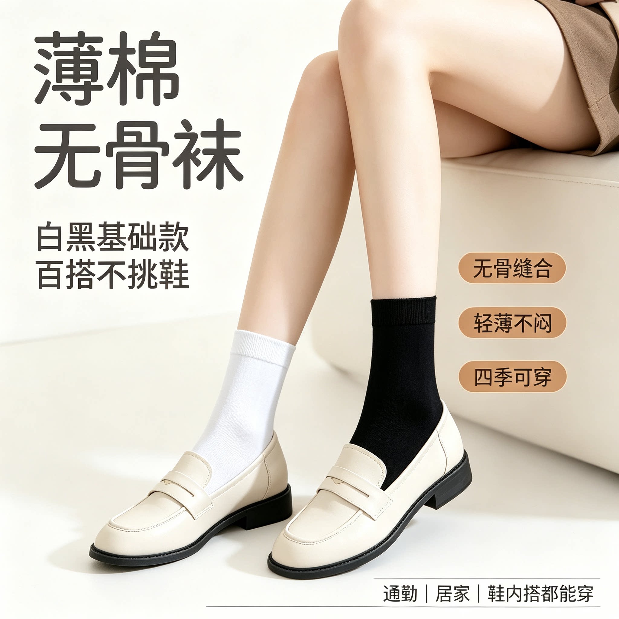 四季可穿袜子女中筒袜不闷脚不掉跟配板鞋乐福鞋学生通勤纯色棉袜