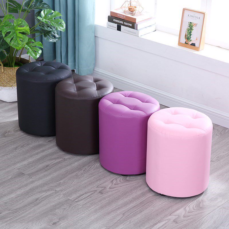 皮客厅圆柱形高圆形小沙发家用蹲蹬凳子坐墩椅子实木欧式皮墩