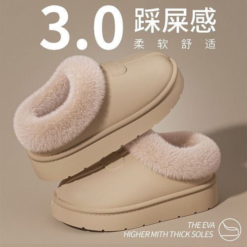 毛绒拖鞋女款2025新款冬季外穿防水防滑加绒保暖厚底踩屎感棉鞋女